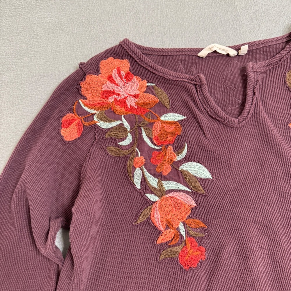 Soft Surroundings Top‎ Womens M Purple Cotton Embroidered Thermal Floral Boho - Picture 3 of 8